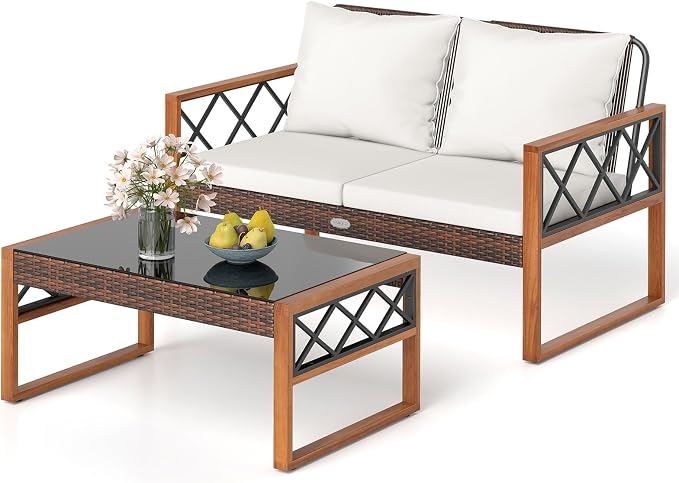 Tangkula 2 Pieces Outdoor Acacia Wood Loveseat and Table Set, Heavy Duty Patio Conversation Set for Porch, Deck and Backyard