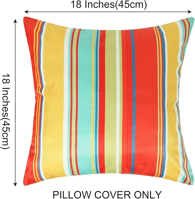 Pyonic Outdoor Pillow Covers 16x16 Inch Waterproof Decorative Stripe Throw Pillow Covers for Couch Chair Patio Porch, Pack of 2(Colorful Red)
