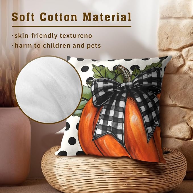 Fall Throw Pillow Covers 22x22 Inch, Set of 2 Buffalo Plaid Pumpkin Polka Dot Farmhouse Square Zipper Closure Pillowcases Cotton Cushion Cover for Living Room Bedroom Sofa Bed Bench Seasonal Decor