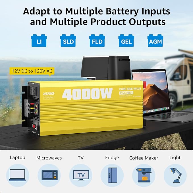XWJNE 4000W Pure Sine Wave Power Inverter 12V DC to 120V AC Converter with LED Display and Remote Controller for Home, RV, Truck, Off-Grid Solar Power