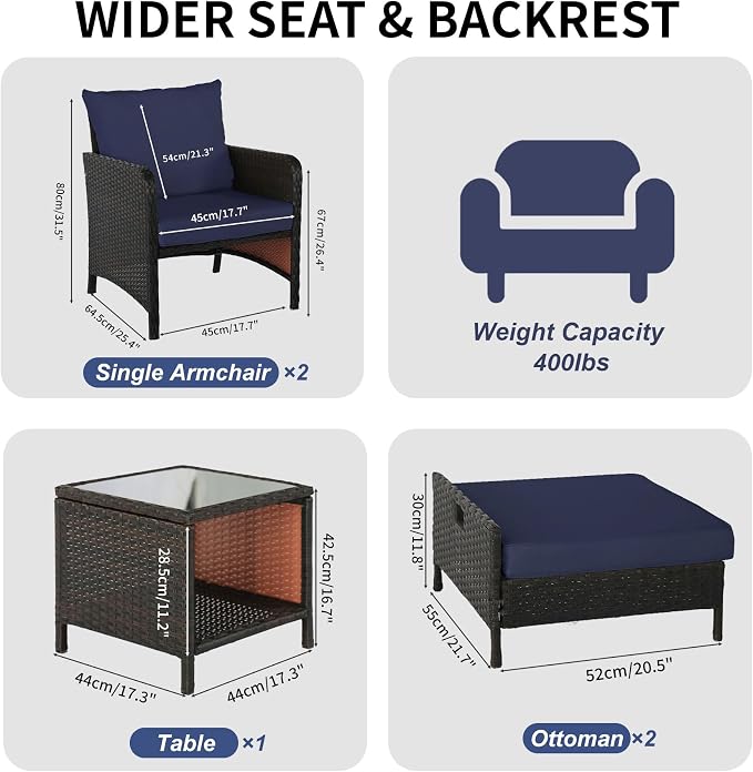 5 Piece PE Wicker Patio Furniture Set, Outdoor Conversation Chairs with Pull Out Hidden Ottoman, Soft Cushions & Glass Coffee Table, Wicker Bistro Set for Porch, Garden, Balcony, Poolside (Blue)