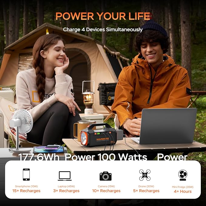 MARBERO Portable Power Station 177.6Wh Power Bank 150W Max Outdoor Camping Battery with LED Flashlight Fast Charger for Outdoor Adventure Hunting CPAP Home Backup Business Trips Emergencies