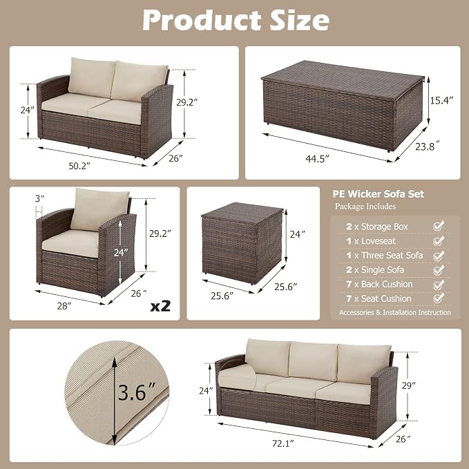 AECOJOY 7 PCS Patio Furniture Set with Two Storage Boxes&Patio Set Cover, Outdoor Rattan Conversation Set, PE Wicker Sectional Sofa Outdoor Furniture, Brown Rattan&Beige Cushions