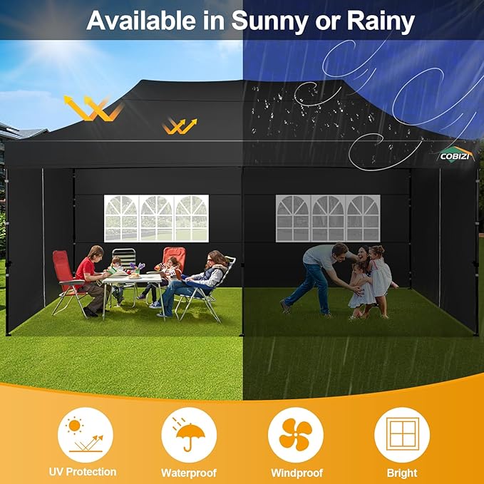 COBIZI 10x20 Pop up Canopy Tent 10x20 Canopy with 6 Sidewalls Waterproof Heavy Duty Commercial Canopy Tent for Parties Outdoor Garden Gazebo, Carry Bag with Wheel(10x20ft,Space Black)