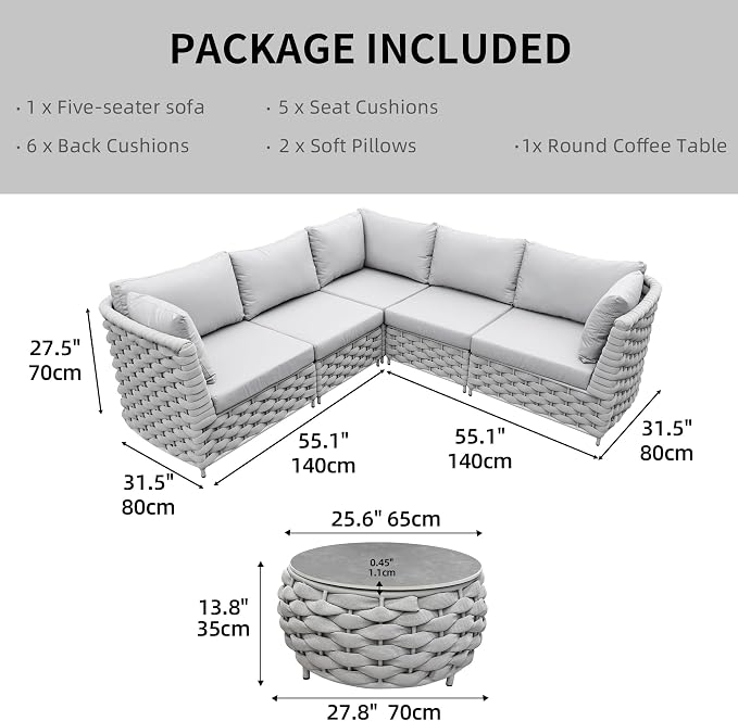 TWT 6-Piece Modular Outdoor Sectional Sofa Set, 5-Seater Woven Rope Patio Conversation Set with Coffee Table, Water-Resistant Cushions, for Backyard Balcony Deck,Khaki Gray