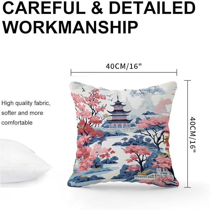 Chinoiserie Pagoda White Coral Blue Pillow Cover Chinoiserie Chic Asian Cushion Cover 16x16 INAbstract Accent Outdoor Garden Decoration for Couch Sofa Patio
