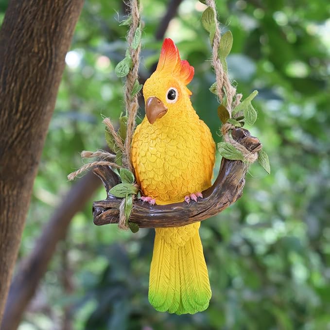 Resin Parrot Hanging Tropical Decor Outdoor Porch Tree Tiki Bar Decorations Outdoor Hanging Bird Sculpture for Christmas Tree Plant Patio Lawn Yard Porch Balconies Decor (Yellow)