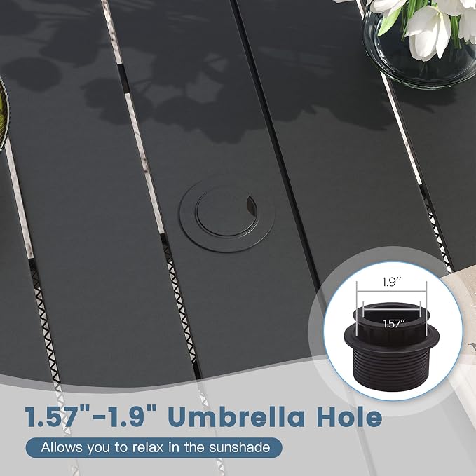 DIFY 7 Piece Outdoor Dining Set for 6, 59.2" Black Rectangle Metal Dining Table with Umbrella Hole and Stackable Wicker Patio Chairs, All-Weather Patio Table and Chairs Set for Deck Garden Backyard