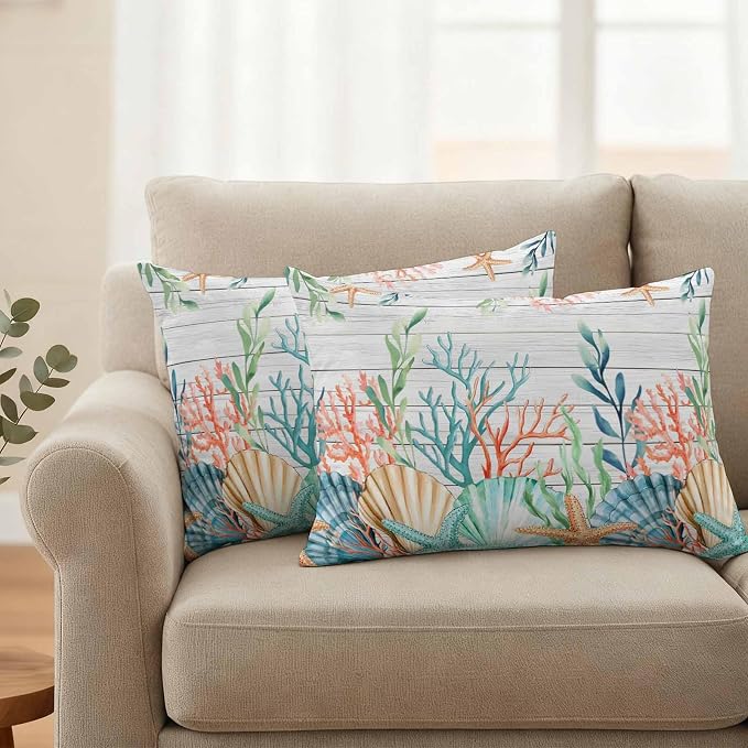 Lumbar Pillow Covers 20x12 Inch Set of 2, Summer Coastal Waterproof Outdoor Pillow Covers, Nautical Sea Coral Shell Starfish Wood Gray Decorative Cushion Pillowcases for Couch, Sofa, Bed, Patio