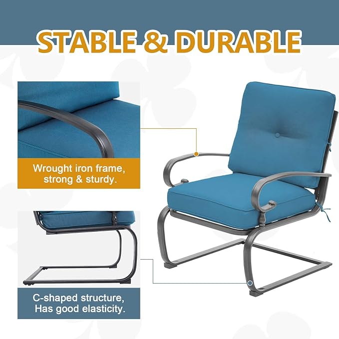 Skiway Outdoor Metal Funiture Set 5Pcs Patio Conversation Set Loveseat, 2 Spring Chairs with Coffee Table and Peacock Blue Cushions, Wrought Iron Look