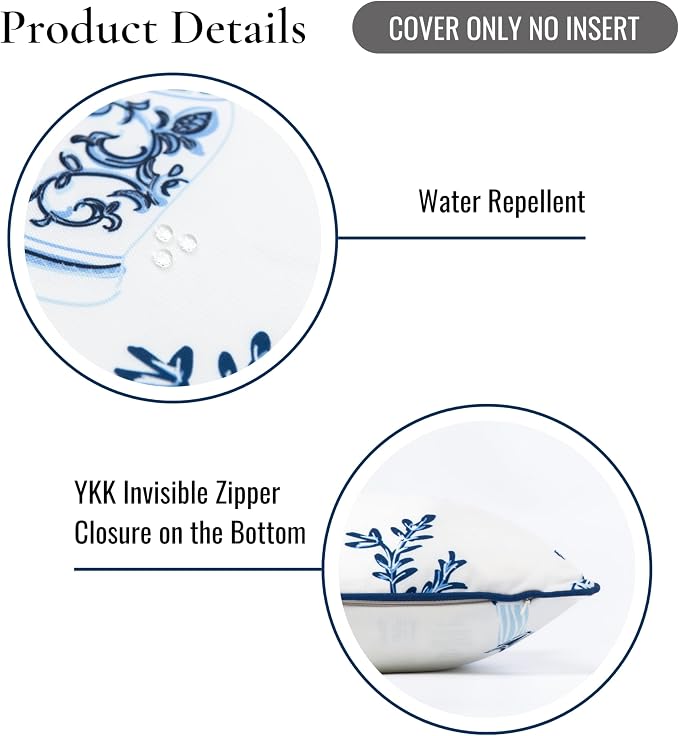 Hofdeco Premium Coastal Patio Indoor Outdoor Lumbar Pillow Cover Only, 12"x20" Water Repellent for Backyard, Couch, Navy Blue Chinoiserie with Piping (Pack of 2)