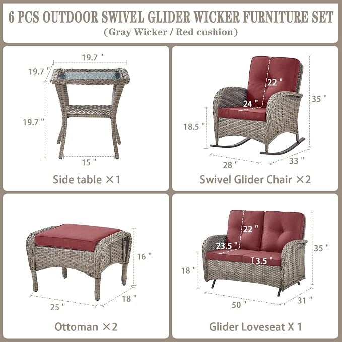 Belord 6 Pieces Wicker Patio Furniture Set with Patio Rocking Chairs, High Back Patio Conversation Set Outdoor Loveseat Glider with Ottoman and Rattan Side Table for Deck Sunroom Backyard
