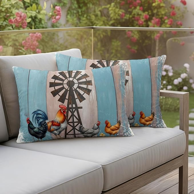 Rooster Hen Outdoor Pillow Covers 20"x12" Set of 2, Rustic Windmill Farmhouse Animal Wood Striped Country Waterproof Throw Pillow Covers for Patio Furniture, Decorative Cushion Covers for Porch
