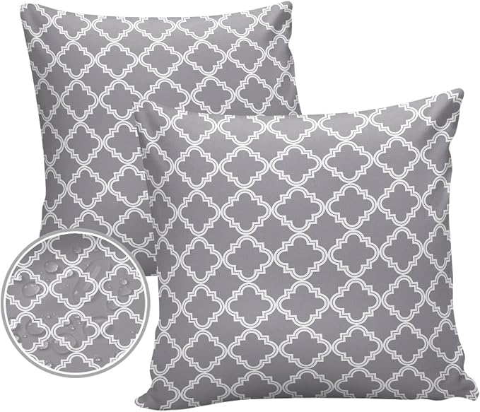 Outdoor Waterproof Pillow Covers for Patio Furniture Moroccan Pattern Decorative Throw Pillow Cover Geometric Trellis Grey Pillowcases Set of 2 Cushion Case for Sofa Couch Chair Home Decor 26x26 inch