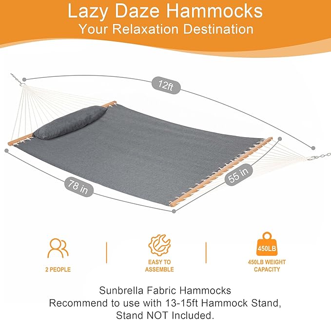 Lazy Daze Hammocks 12 FT Sunbrella Fabric Hammock Non-Fading with Spreader Bars and Free Pillow Fits for 2 Persons, All Weather and Fade Resistant for Patio Yard, 450 lbs Capacity, Cast Slate