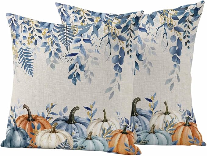 Orange Blue Fall Waterproof Outdoor Pillow Covers 18''x18'' Set of 2, Thanksgiving Eucalyptus Berry Leaves Patio Cushion Covers for Chairs, Decorative Pumpkin Beige Pillow Cases for Garden/Pool/Beach