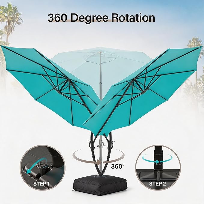 LAUSAINT HOME 12ft Patio Cantilever Umbrella with Base Included, Outdoor Curvy Round Offset Umbrella, Heavy Duty Aluminum, 360° Rotation for Pool, Deck, Lawn, Backyard (Turquoise Blue)