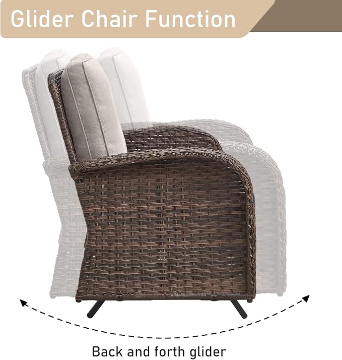 HUMMUH 5-Piece Patio Set with Glider Loveseat, Swivel Rockers and Fire Pit | 4 in cushions, PE wicker, powder-coated steel frames, 50,000 BTU gas fire pit, for backyard, poolside, and deck