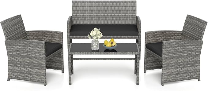 RELAX4LIFE 4-Piece Patio Furniture Set - Wicker Rattan Outdoor Sectional Sofa Set w/Glass Coffee Table, Loveseat, 2 Single Chairs & Soft Cushions, Bistro Conversation for Garden Porch (1, Black)
