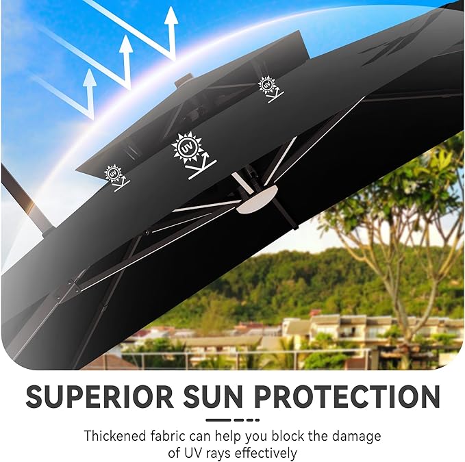 10x13 FT Cantilever Patio Umbrella with Base and Led Lights Double Top Outdoor Rectangular Large Heavy Duty Aluminum Offset Umbrellas with 7 Level Tilt 360-degree Rotation for Pool Garden Deck, Black