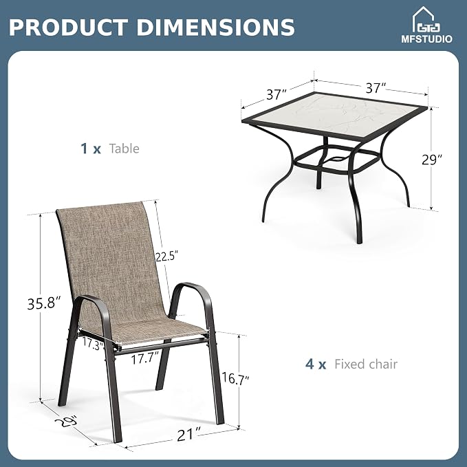 MFSTUDIO Patio Table and Chairs Set, Outdoor Dining Set for 4 Persons, 5 Piece Patio Dining Set with Marble Texture Table and Stackable Textilene Chairs