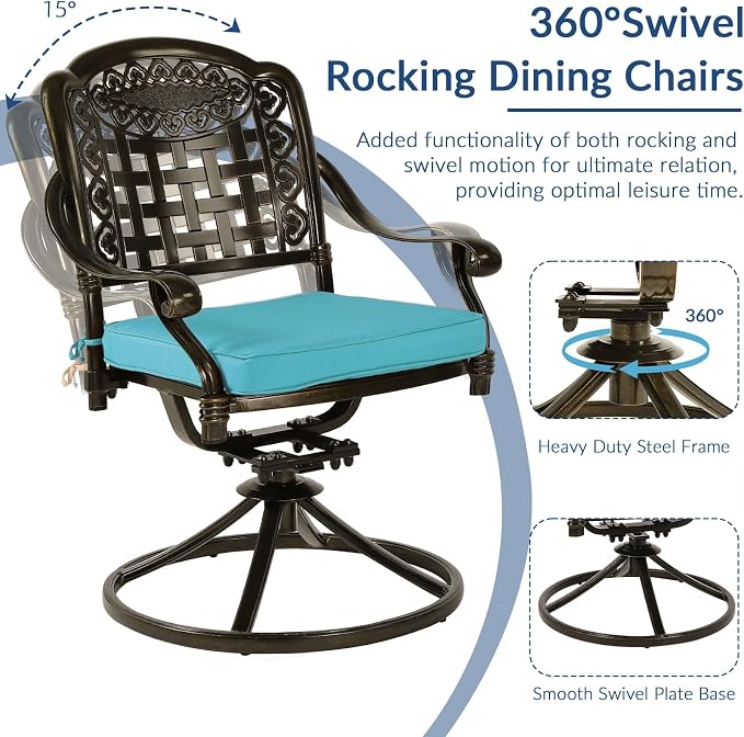 SOCIALCOMF 9-Piece Patio Cast Aluminum Dining Set, Outdoor Table and Chairs Set for 8, Includes 64" Large Square Dining Table and 8 Swivel Rocker Chairs with Umbrella Hole for Lawn Garden, Ocean Blue