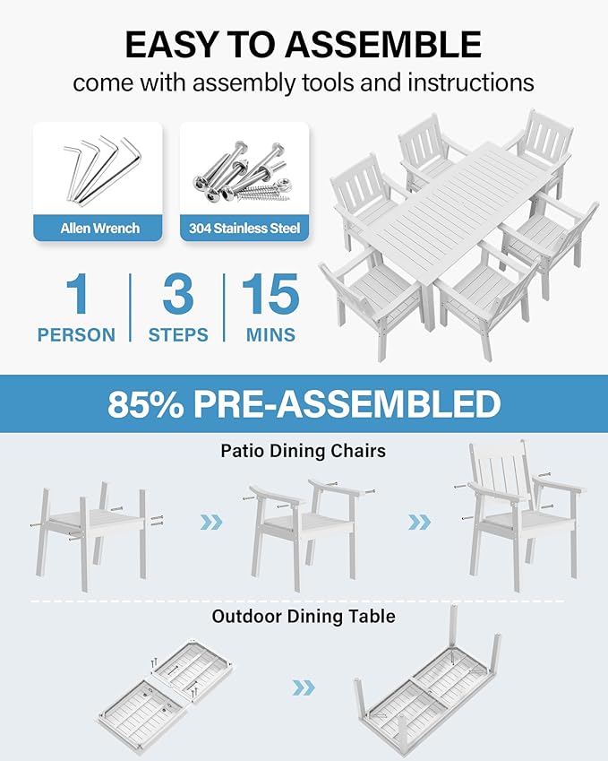 YEFU Outdoor Dining Table for 6: All Weather Rectangular Patio Table with Umbrella Hole and Aluminum Frame - Outdoor Furniture for Outside Backyard/Garden/Pool/Porch/Deck, 300lbs Capacity, White