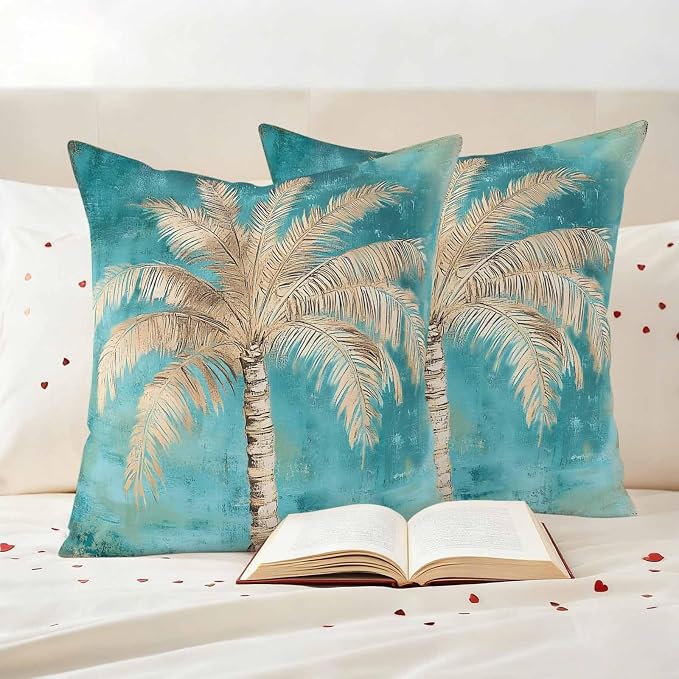 Coastal Beach Tree Outdoor Waterproof Pillow Covers, Vintage Teal Brown Decorative Square Throw Pillowcase, Tropical Palm Tree Sofa Cushion Sham for Patio/Couch/Chair, 16"x16" 2 Pack