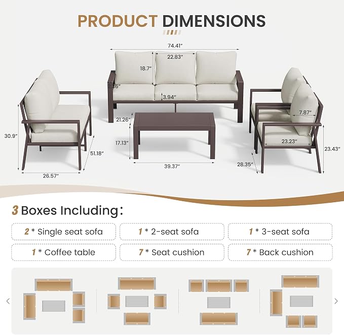 5-Piece Aluminum Patio Conversation Sets All-Weather Outdoor Furniture Sectional Sofa Modular Patio Set with 4'' Cushion Removable Covers for Porch Poolside Deck Balcony Yard
