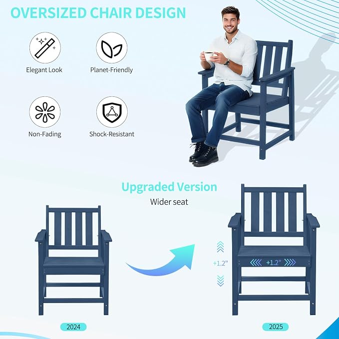2-Piece Outdoor Patio Chairs, HDPE All-Weather Patio Chair with Backrest and Armrest, 300 lbs Support Outdoor Dining Chair Furniture for Garden, Deck, Porch, Navy