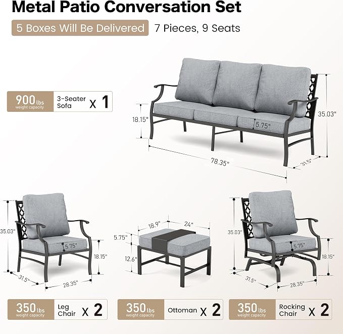 SUNSHINE VALLEY 7 Piece Metal Outdoor Patio Furniture Sets, Patio Conversation Sets 1 3-seater Sofa, 2 Fixed Chair, 2 Rocking Chair, 2 Ottomans with 5.75" Thick Cushion, Black Backyard Furniture, Gray
