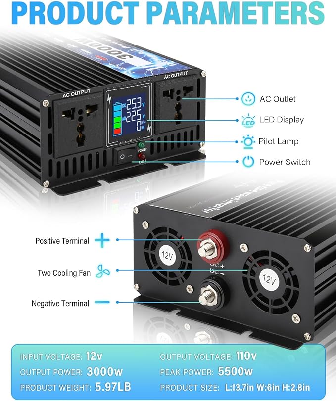 NIHAO 3000W Power Inverters DC 12V to 110V AC Converter with LCD Display, 2 International Socket and Battery Clips for Home, RV, Outdoor, Camping, Boat, Black