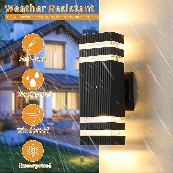 4 Pack Dusk to Dawn Outdoor Wall Lights Modern Exterior Light Fixture, 2-Layer Black Outside Lights for House, IP65 Waterproof Up and Down Outdoor Sconces Wall Lighting for Garage Porch, 3000K