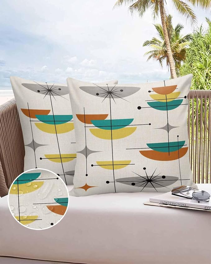 Vandarllin Outdoor Throw Pillows Covers 16x16 inch Set of 2 Waterproof Boho Mid Century Decorative Zippered Cushion Covers for Patio Furniture, Yellow Orange Geometric Abstract Lumbar Pillowcases