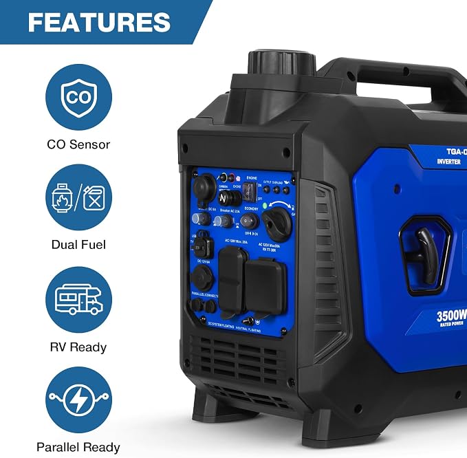 BILT HARD Ultra-Quiet 4500W Inverter Generator, Dual Fuel (Gas/Propane) with CO Sensor, 4-Cycle RV Ready & Parallel Capable for Home Backup and Camping