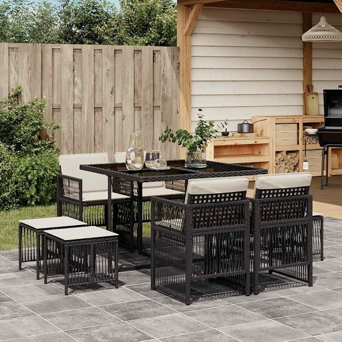 9-Piece Outdoor Garden Dining Set, 8 Person PE Rattan Patio Furniture Set with Rectangular Table, 4 Chairs and 4 Stools, Space Saving Woven Wicker Dining Set for Backyard, Black