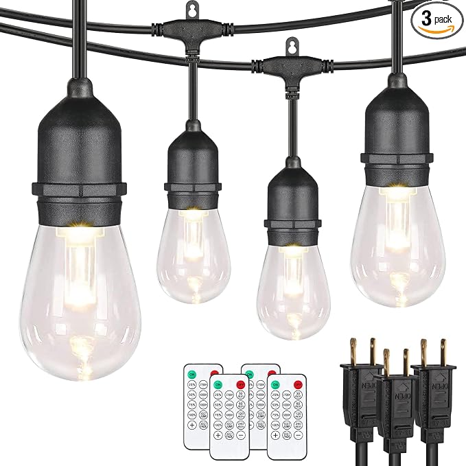 144FT(3x48FT) 3 Colors LED Outdoor String Light with Remote, Black | Plug in, Jump/Fade/Static Modes, 2700K/4000K/5000K, 45+3 S14 Bulbs, Waterproof, Dimmable, Connectable, for Balcony Party