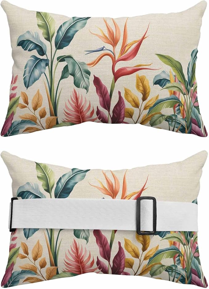 Outdoor Lumbar Pillow Set of 2, Tropical Plants Waterproof Beach Headrest Pillow with Inserts, Summer Vintage Botanical Flower Leaf Beige Recliner Throw Pillows for Patio Furniture, 12 x 20