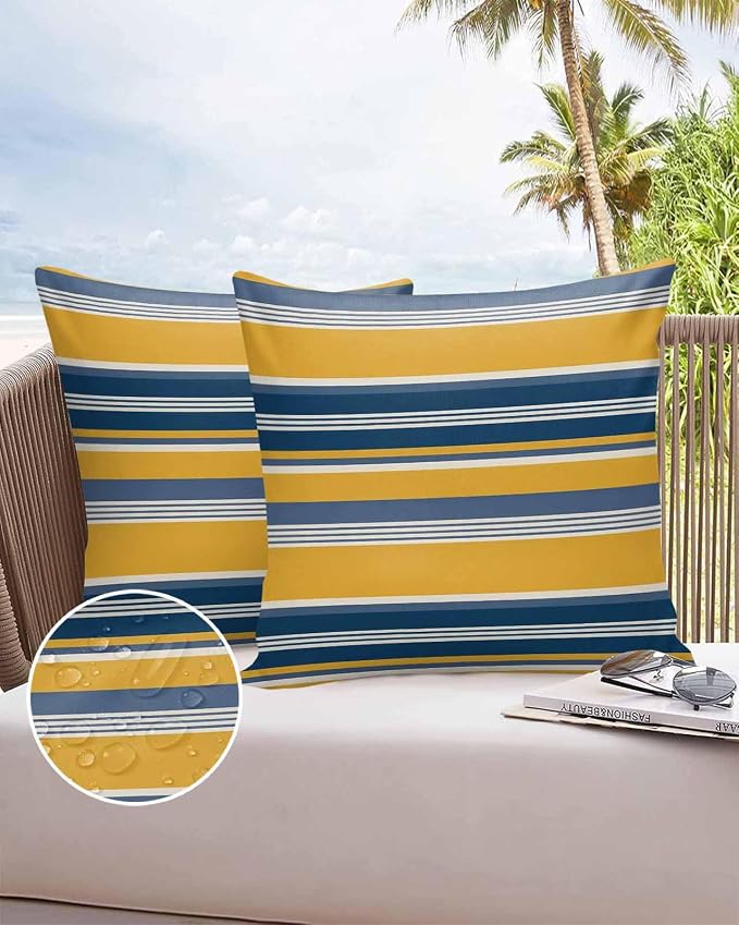 Outdoor Waterproof Throw Pillow Covers Set of 2 Blue Yellow Stripes Lines Pillowcases 26x26 Inches Classic Striped Decorative Pillows Cushion Case Patio Pillows for Couch Bed Chair Garden