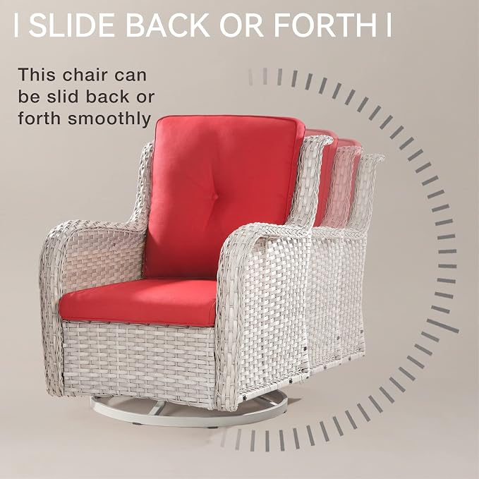 Joyside Outdoor Swivel Rocker Patio Chairs Set of 2 and Matching Side Table - 3 Piece Wicker Patio Bistro Set with Premium & Soft Fabric Cushions(Light Grey/Red)