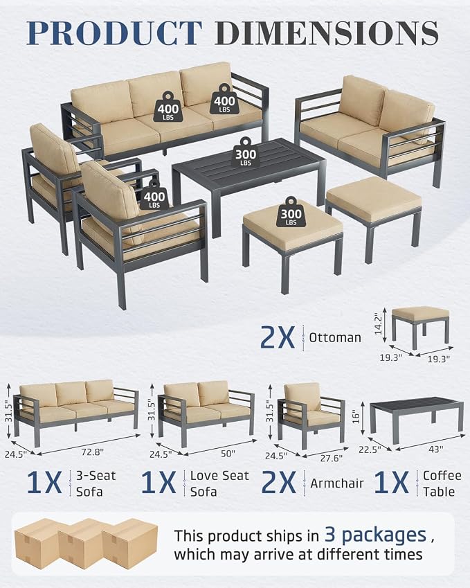AECOJOY Aluminum Patio Furniture Set, 9 Seats Modern Outdoor Furniture with Coffee Table, 7 Pieces Metal Conversation Sectional Sofa, Beige