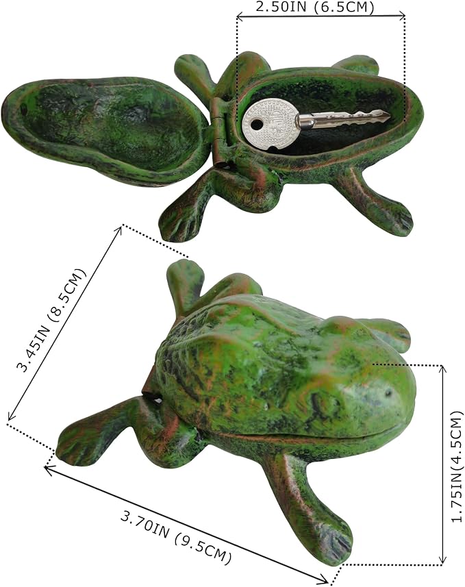 BSTGIFTS Iron Frog Key Hider - Outdoor Statue, Cast Iron, Green Frog, Hide a Key, Garden Decoration