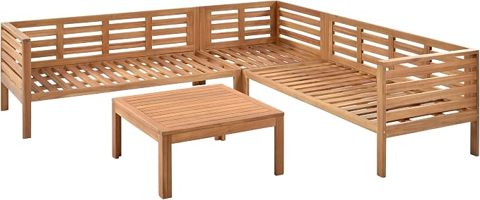Outdoor Patio Conversation Furniture Set, Acacia Wood Sectional Sofa Set with Coffee Table, 4 Piece Outdoor Sofa Set with Two-person Sofa and Corner Sofa for Backyard (Natural log+Gray Cushions)