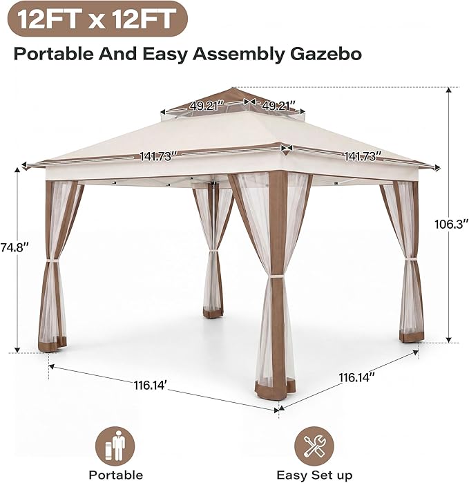 LAUSAINT HOME 12x12 Pop Up Gazebo with 50FT String Lights, Mosquito Netting, Instant One-Push Setup, Adjustable Height Outdoor Canopy Tent Shelter with Carry Bag for Patio, Backyard, Camping, Khaki