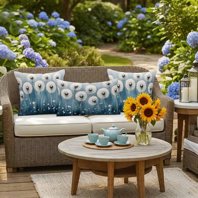 Spring Floral Waterproof Outdoor Pillow Covers Set of 2 Home Decor, Whit Blue Oil Painting Pastoral Pillowcase Patio Pillow Covers for Couch Bench Furniture Garden 16x16in