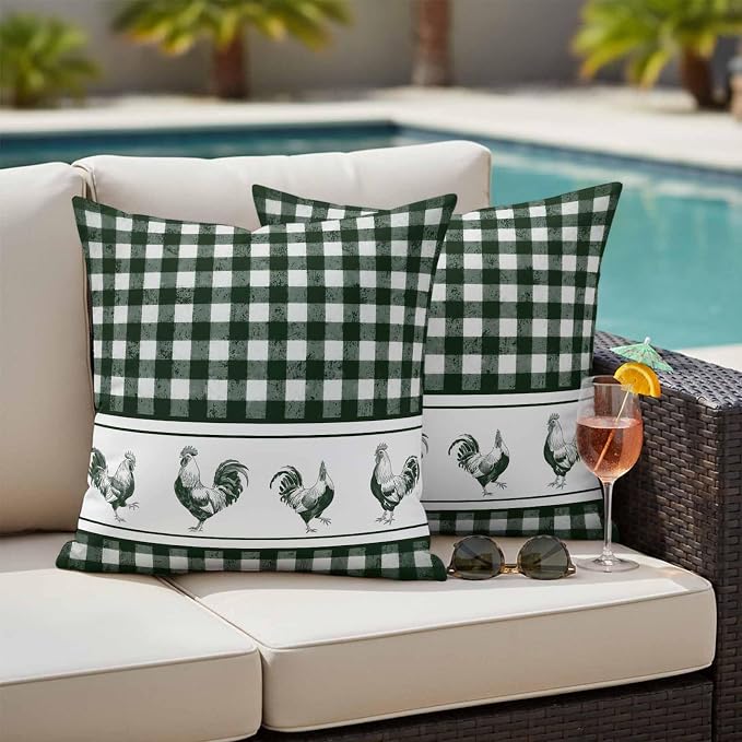 Outdoor Waterproof Throw Pillow Covers Set of 2 Chicken Cock Rooster Pillowcases 18x18 Inches Farmhouse Animal Green Buffalo Plaid Decorative Pillows Cushion Case Patio Pillows for Couch Bed Chair