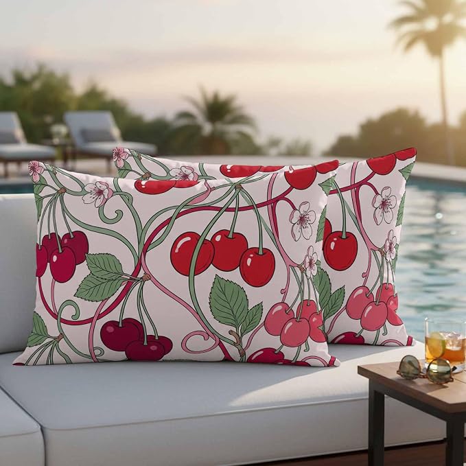 Red Cherry Outdoor Pillow Covers 20"x12" Set of 2, Vintage Red Cherry Pink Floral Vines Pink Waterproof Throw Pillow Covers for Patio Furniture, Decorative Cushion Covers for Porch