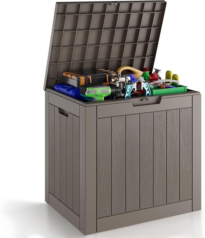 KAMABOKO Deck Box, 32 Gallon Resin Indoor and Outdoor Storage Boxes Waterproof for Garden Tools, Pool Accessories Storage Bench, Patio Furniture and Cushions with Lockable Lid, Grey