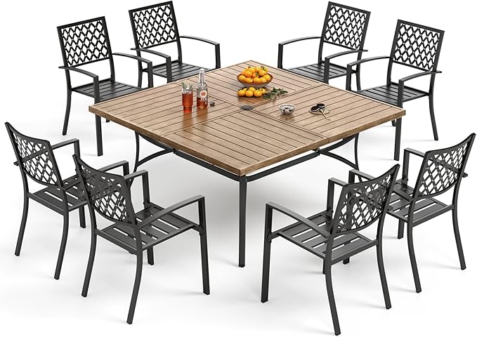 PHI VILLA 9 Pcs Outdoor Dining Set& 57.5" Wood-Like Table | Square Metal Table w/ Umbrella Hole &Wrought Iron Chairs, Large Outside Furniture Set for Patio, Deck, Yard, Porch