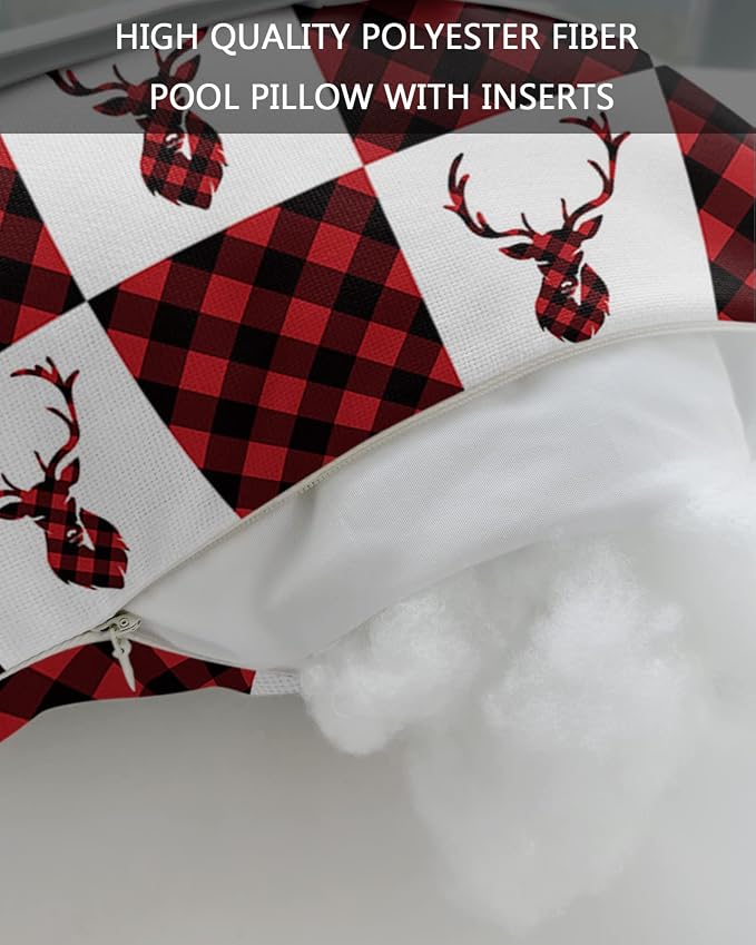 Outdoor Pillows Covers with Inserts Winter Christmas Elk Red and Black Plaid Waterproof Recliner Pillow with Adjustable Strap Throw Pillows for Patio Furniture Pool Lounge Chair, 11x16 inch, 1PCS